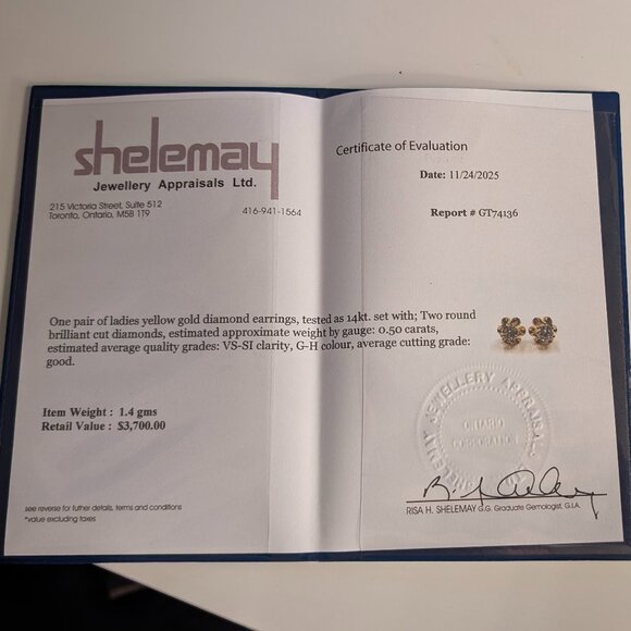 V. 14k Gold 0.5 Carat Diamond Stud Earrings - Picture 2 of 9